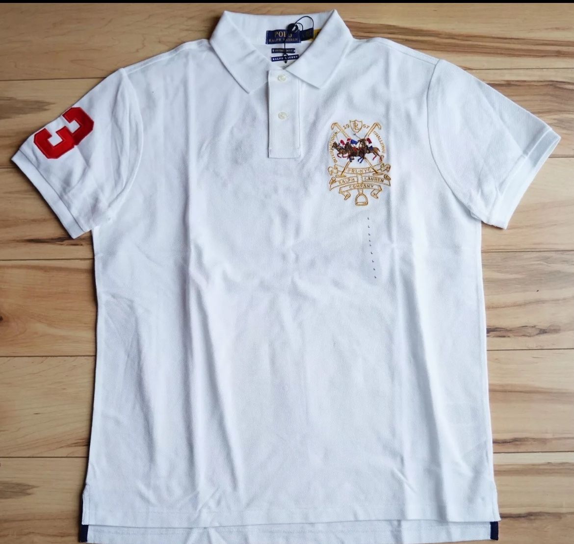 Polo Ralph Lauren Triple Pony Players Horse Racing Embroidered White Polo Mesh Shirt, Size 2XB 