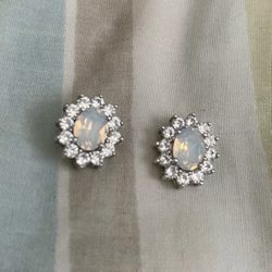 Oval white opal stud halo earrings