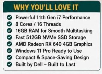 Dell i7-11700• 16GB RAM • 512GB SSD • Radeon 4GB Windows 11 desktop computer