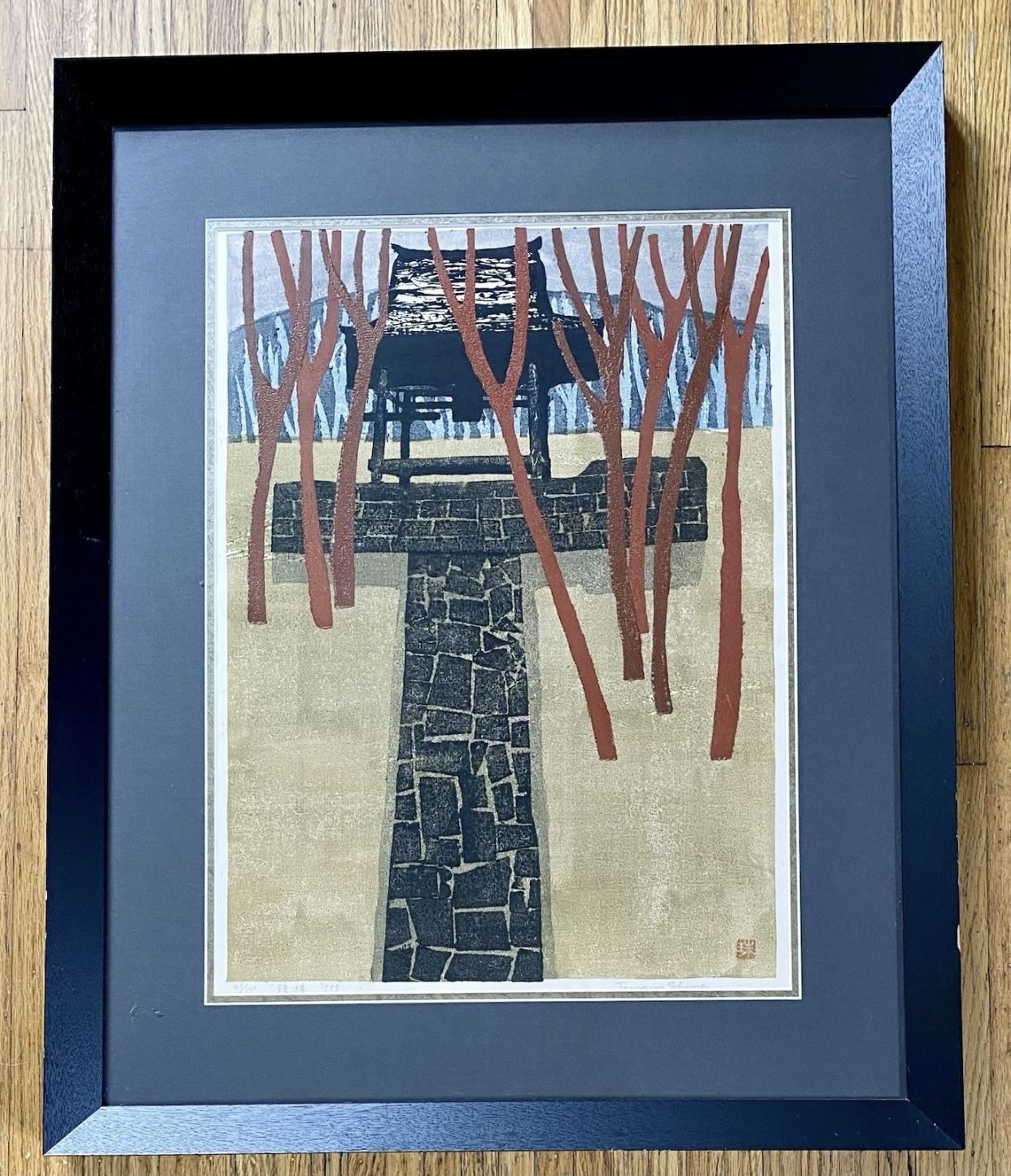 Japanese Woodblock Print Shoro Bell Tower by Tamami Shima 30x24 Signed & Number