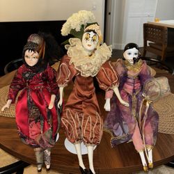 Porcelain Clown & Harlequin Dolls – Set of 3