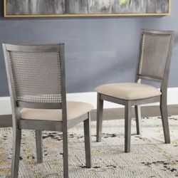 Antique Grey Beige Linen Rattan Back Dining Chairs New 4 Piece 