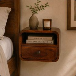 $55!! 🔥 Artisan Furniture Solid Mango Wood Floating Nightstand – BRAND NEW IN BOX 🔥