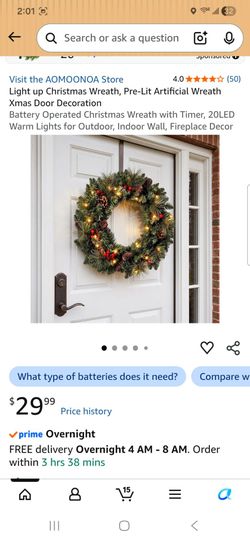 Light up Christmas Wreath, Pre-Lit Artificial Wreath Xmas Door Decoratior
Battery Operated Christmas Wreath with Timer, 20LED Warm Lights for Outdoor,