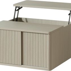 Modern Square Coffee Table, 31.5" Fluted Lift Top, Adjustable Shelves & Sliding Door-Light Grey Oak