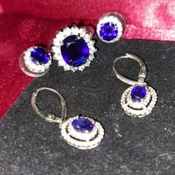Blue Sapphire Over Sterling Silver 3PC set, Ring Stud/ Dangling Earrings. New!