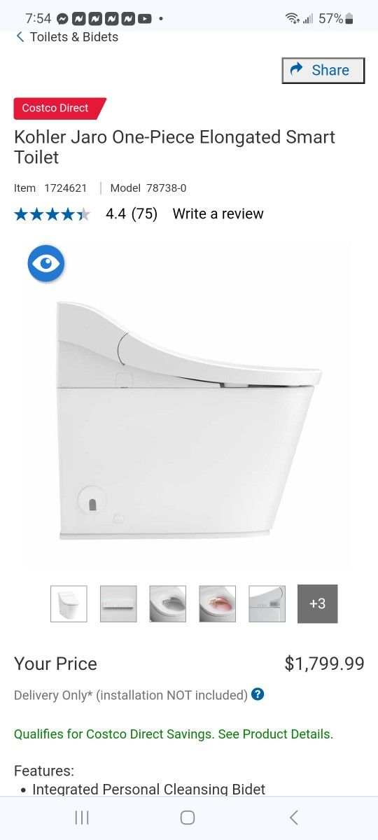 Kohler Jaro One-Piece Elongated Smart Toilet $1,200