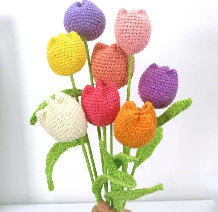 10pc Handmade Crochet Tulip Flower Multicolor