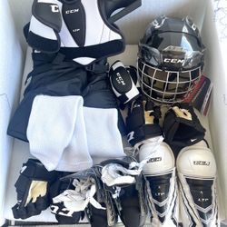 CCM Helmet, Skates, Pads And Gloves 