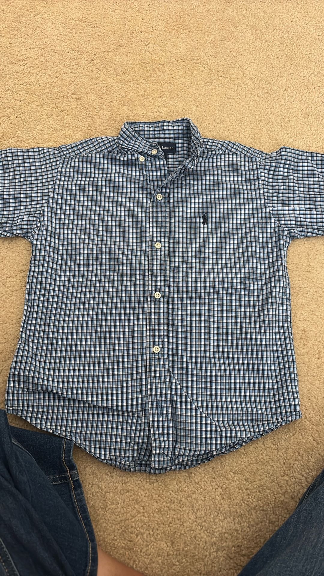 Ralph Lauren Boys Button Down Short Sleeve Shirt 7 Blue Plaid