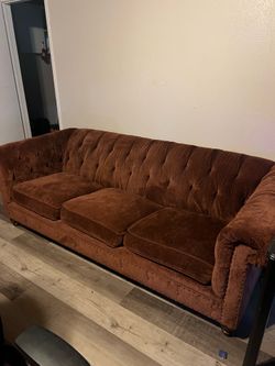 Vintage Tufted Rust Velvet Sofa – Mid Century / Chesterfield Style