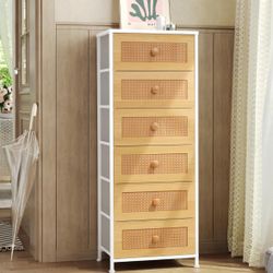 5 Drawers Rattan Dresser, Tall Fabric Storage Tower