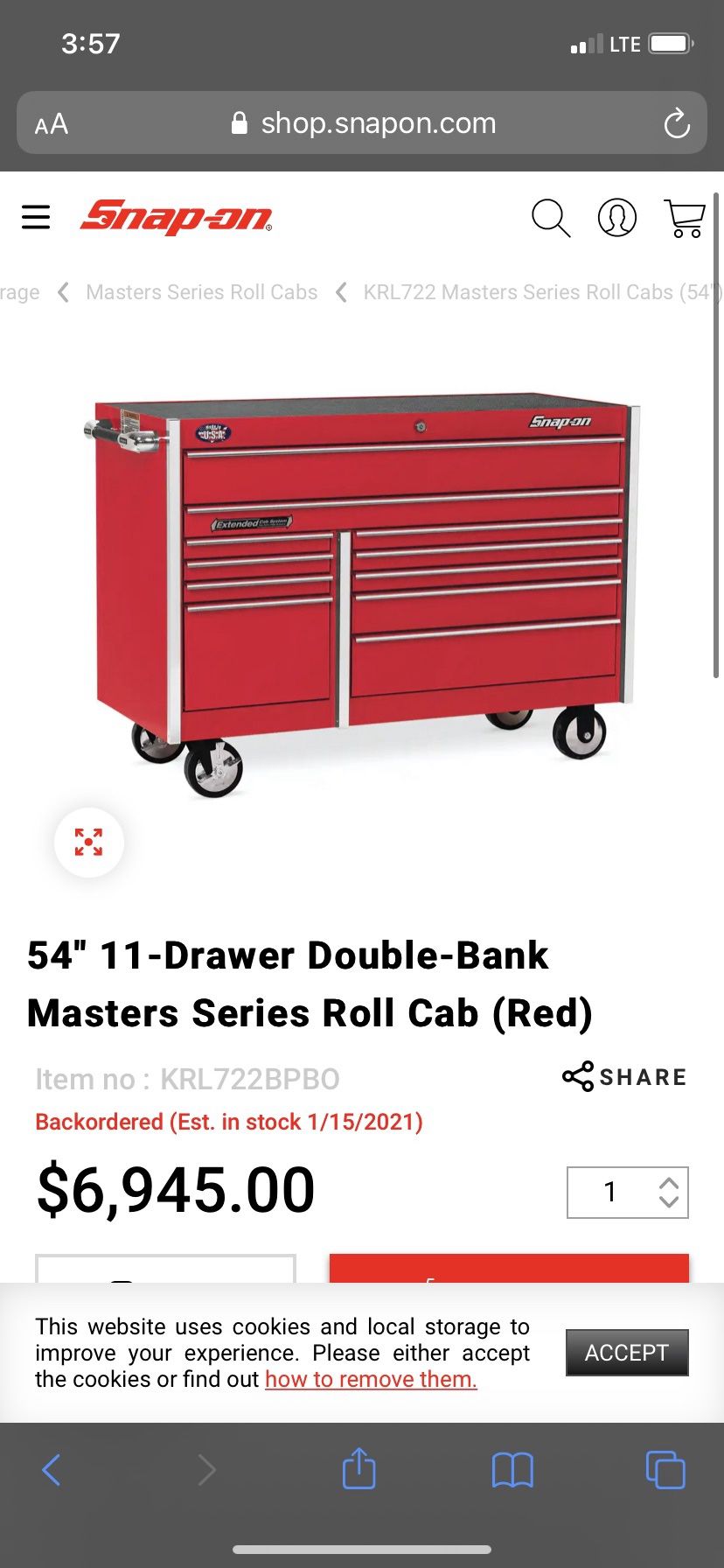 SNAP ON 54" 11-Drawer Double-Bank Masters Series Roll Cab (Red)