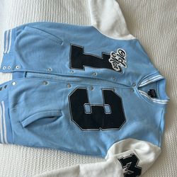 Men’s BoohooMAN Varsity Jacket – Blue & White – Size Small (Oversized Fit)