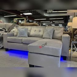 74"W Gray Velvet Reversible Sectional Sofa Chaise with LED Light,USB Port,Nailhead Trim,Throw Pillows,Tufted Cushion