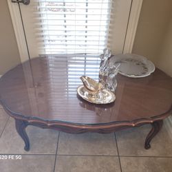 Large Wooden Coffee Table With Glass Top