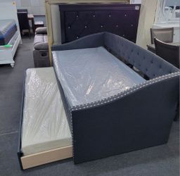 charcoal fabric padded twin size day bed with pull out trundle
(Mattress Included)✅️✅️