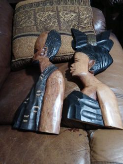 Pair of African Hand Carved Man& Woman Head