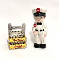 Vintage Coca Cola Delivery Boy & Cart Salt & Pepper Shakers Set/ Collectible