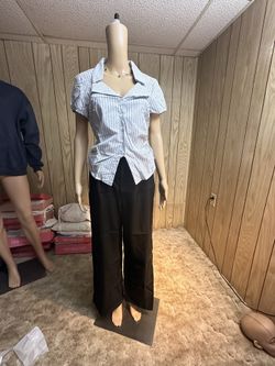 CIDER striped V-neck cinched shirt, black high-waisted casual wide-leg pants