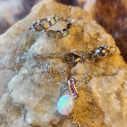 Sterling Silver OPAL and AMETHYST. 925 Set Necklace Ring Earrings