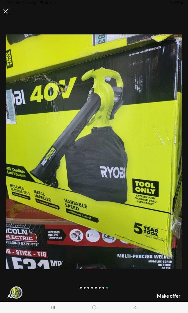 RYOBI 40V VAC ATTACK CORDLESS BATTERY LEAF VACCUM/MULCHER (TOOL ONLY)