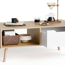 Modern Wooden Coffee Table with Storage, Minimalist Hallway Mid Century Cocktail Table for Living Room Apartment Reception, Oak