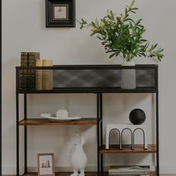 4-Tier Industrial Console Table with Wire Basket and shelf-Rustic Brown

