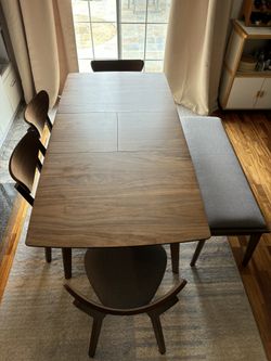 Mid Century Modern Dining Set With 4 Chairs, Bench, And Extension