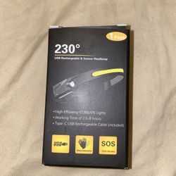 230 Degrees USB Rechargeable & Sensor HeadlampW/USB Charger Cord-Works 2.5-8hrs