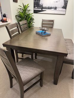 6 Piece Gray Wood Dining Set With Chairs & Bench