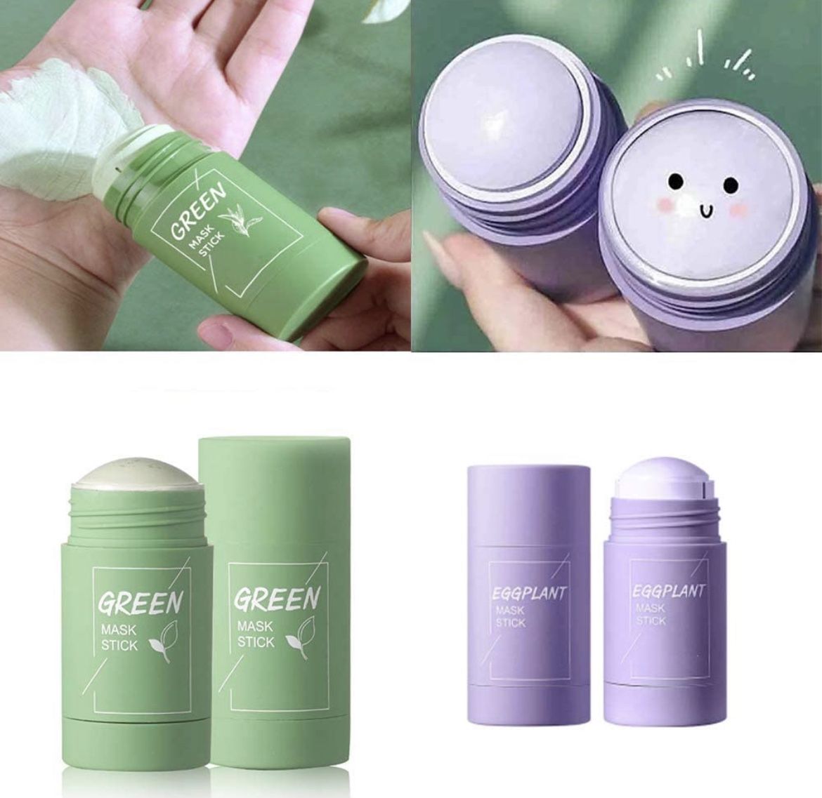 2 PCS Green Tea/Eggplant Purifying Clay Stick Moisturizes Oil Control, Deep Clean Pore, Improves Skin,for Men Women All Skin Types