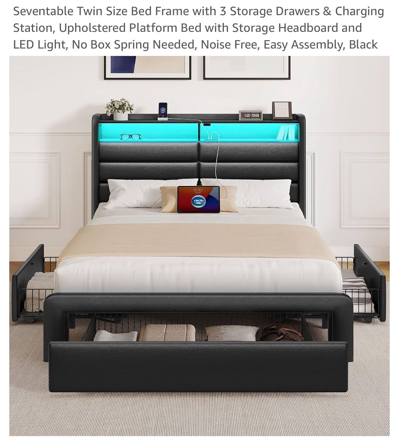 Seventable Twin Size Bed Frame with LED lights