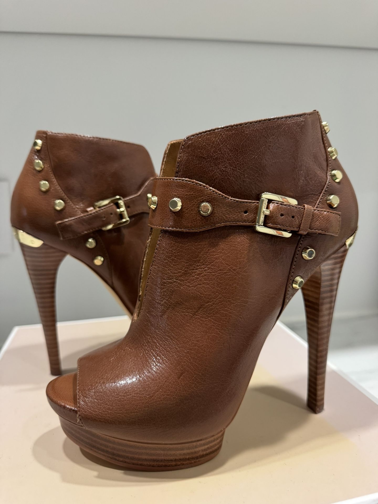 NEW Brown Leather Peep Toe Heels Michael Kors