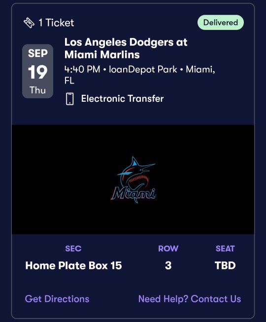 Dodgers Shohei Ohtani Against Miami Marlins Game Ticket
