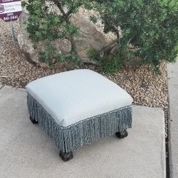 Square Foot Stool With Fringe Detail - Light Blue Pattern 