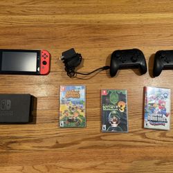Nintendo Switch Bundle (Non-OLED) + 2 Pro Controllers + 3 Games