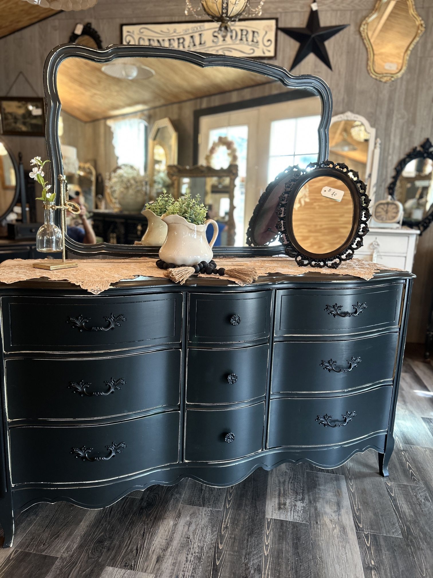 Vintage Black French 9 Dr Dresser W/ Mirror