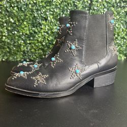 VALENTINO Garavani black leather turquoise blue stone studded ankle boots Sz 38