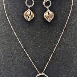 FREE SHIPPING! SET Na Hoku 925 Silver Hawaiian Wave Pendant Koa Wood Necklace 18” & Earrings