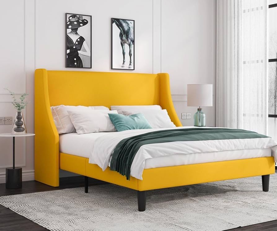 Full Size Platform Bed Frame with Upholstered Headboard, Modern Deluxe Wingback, Wood Slat Support, Mattress Foundation, Light Yellow