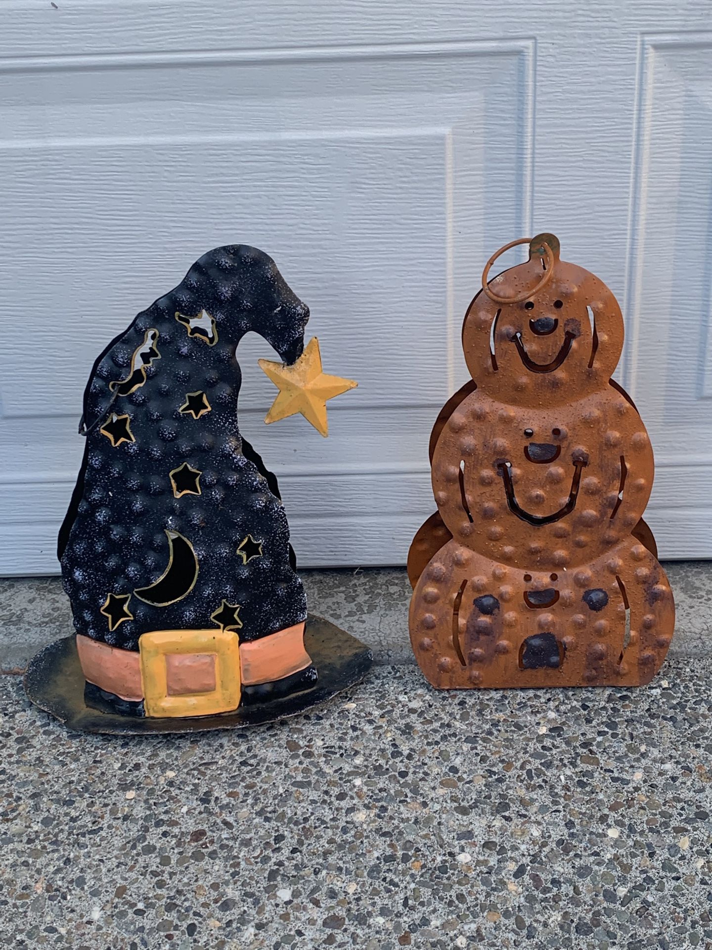 Two Vintage 14” Halloween Metal Candle Holders.