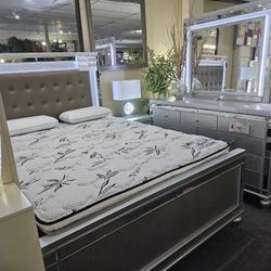 Brand New Silver Gray LED 4PCs Queen Bedroom Set (Queen Mattress + Box Spring Is $299 Extra)