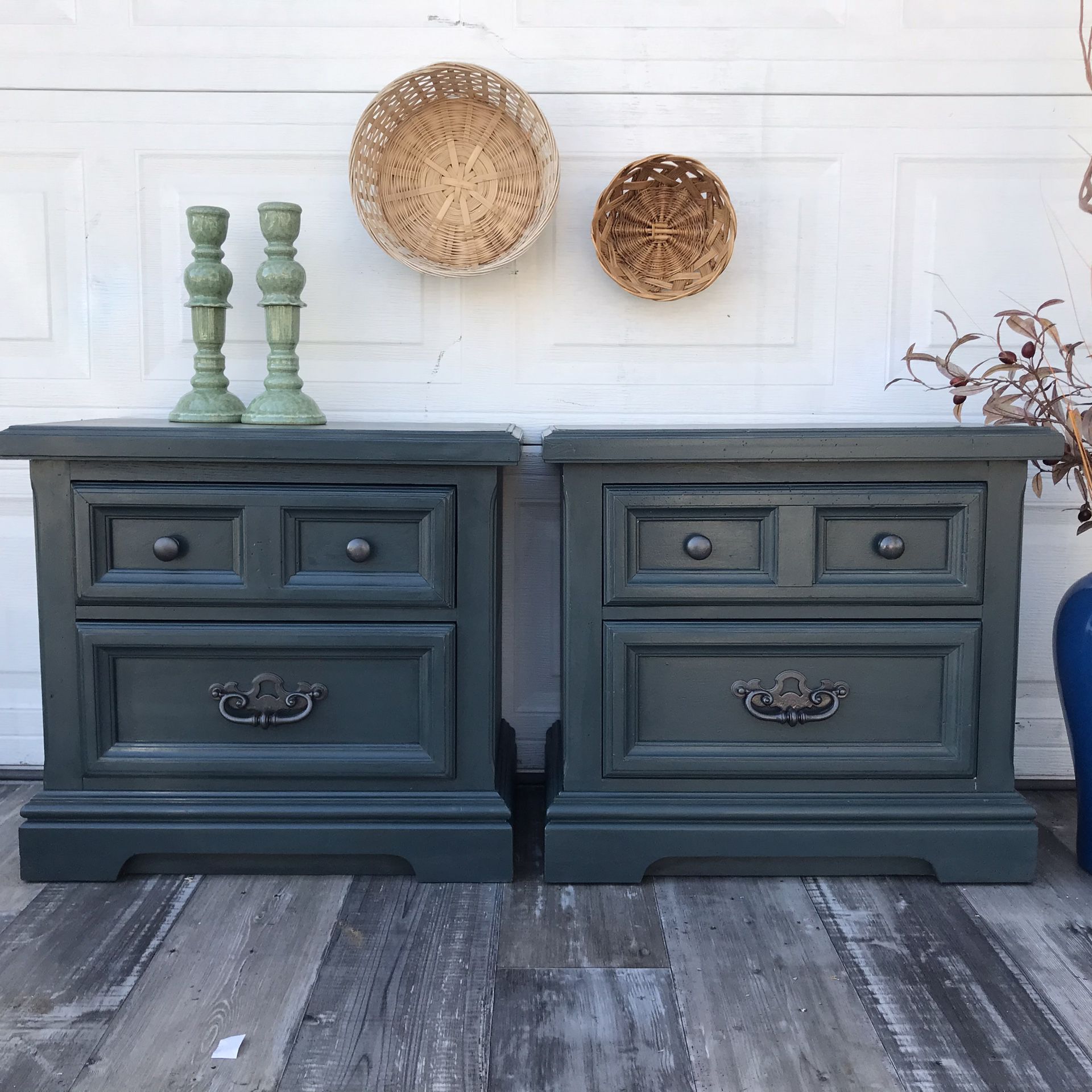 Antique solid wood teal green blue end table night stand set cabinet dresser