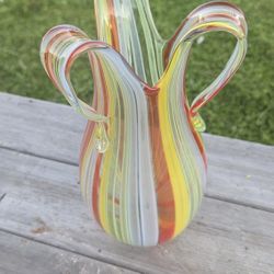 Hand-Blown Multicolor Murano-Style Glass Vase with Ruffled Handles – 12" Tall
