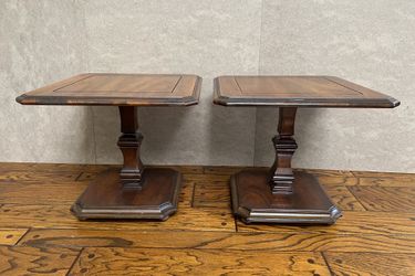 pair of vintage solid wood pedestal end tables, inlaid wood tops, stepped bases, curved pillars
