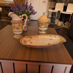 Vintage Fitz and Floyd Classics china; Serving Platter, Pitcher, And Jar With Lid.(3 Piece Set)