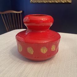 Mid-Century Modern Red Glazed Vase w/ Gold Medallions