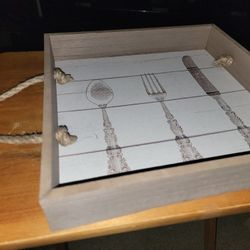 NEW WOOD SERVING TRAY. 12X12X2"T. ALSO GREAT FOR  COFFEE AREA SET UP AND OTHER ITEMS