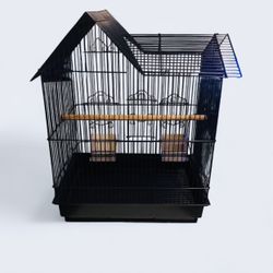 small, black, house-top style bird cage.